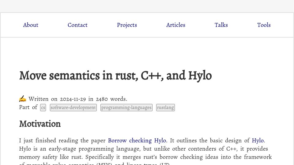 Screenshot of lukas-prokop.at: Move semantics in Rust, C++, and Hylo