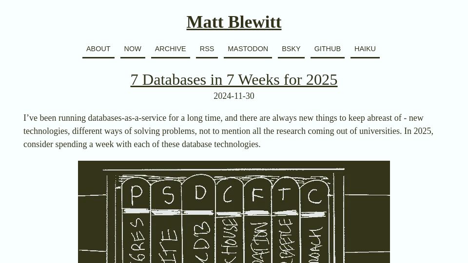 Screenshot of matt.blwt.io: 7 Databases in 7 Weeks for 2025