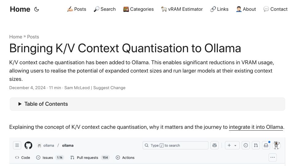 Screenshot of smcleod.net: Bringing K/V context quantisation to Ollama