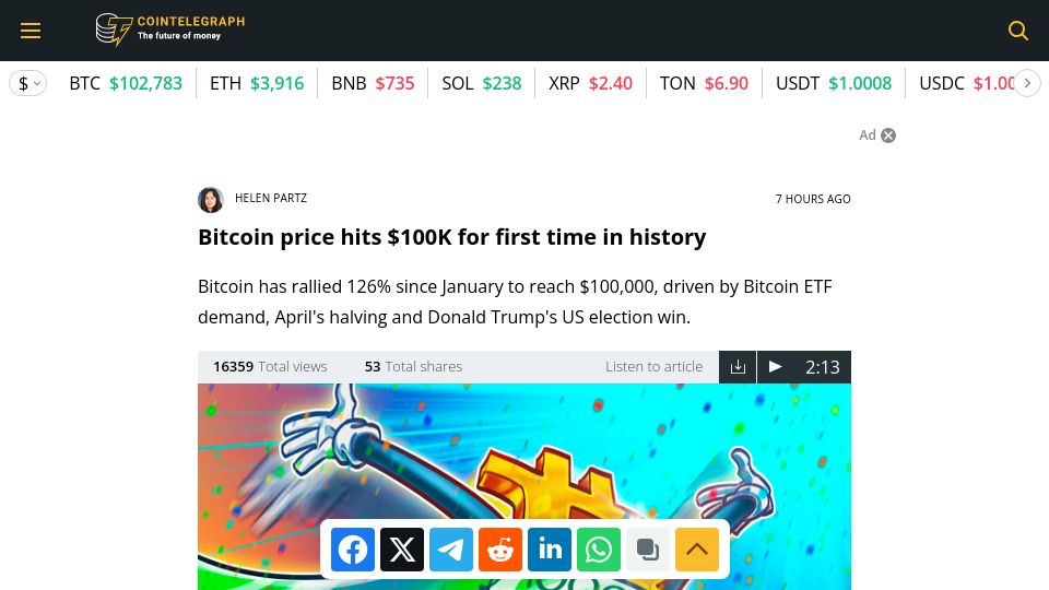 Screenshot of cointelegraph.com: Bitcoin price hits $100K for first time in history