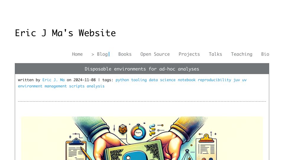 Screenshot of ericmjl.github.io: Disposable Python environments for ad-hoc analyses