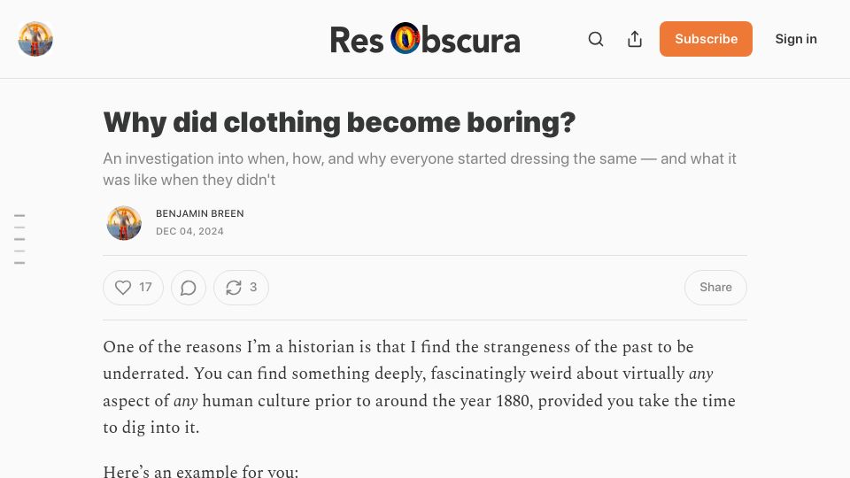 Screenshot of resobscura.substack.com: Why did clothing become boring?