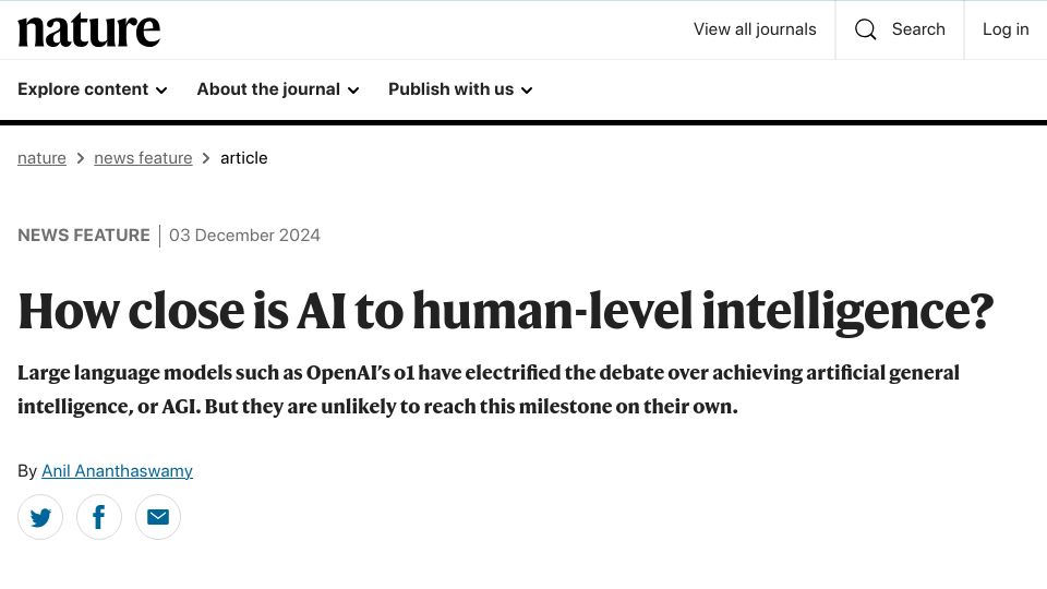 Screenshot of nature.com: How close is AI to human-level intelligence?