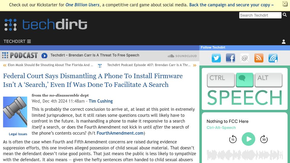 Screenshot of techdirt.com: Federal Court Says Dismantling a Phone to Install Firmware Isn't a 'Search'