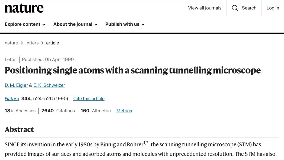 Screenshot of nature.com: Positioning single atoms with a scanning tunnelling microscope (1990)