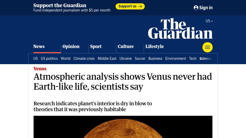 Screenshot of theguardian.com: Atmospheric analysis shows Venus never had Earth-like life, scientists say