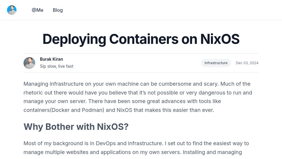 Screenshot of bkiran.com: Deploying Containers on NixOS: A Guide