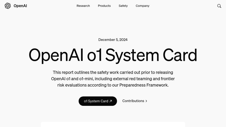 Screenshot of openai.com: OpenAI o1 system card