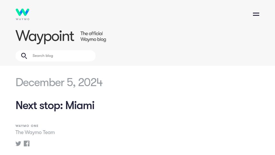 Screenshot of waymo.com: Next stop: Miami