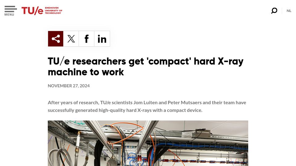 Screenshot of tue.nl: Researchers get 'compact' hard X-ray machine to work