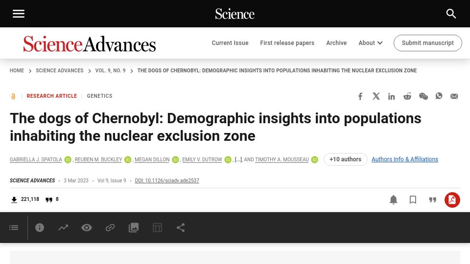 Screenshot of science.org: The dogs of Chernobyl: Populations in the nuclear exclusion zone (2023)