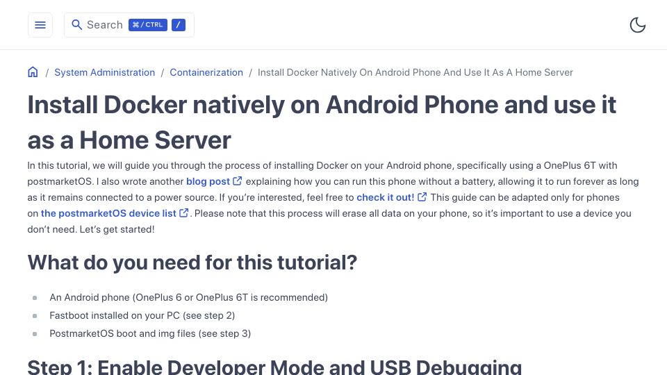 Screenshot of crackoverflow.com: Install postmarketOS on Android phone and use Docker as a home server