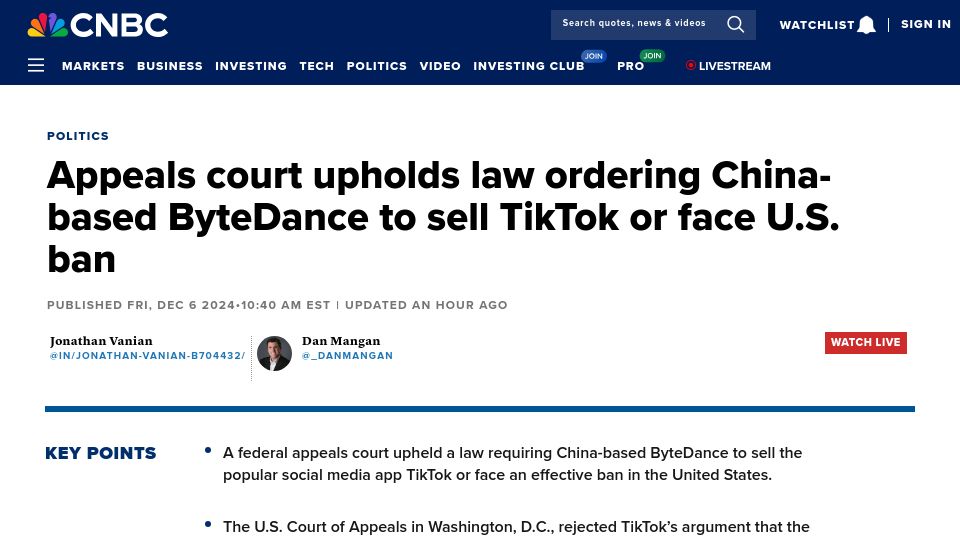 Screenshot of cnbc.com: TikTok divestment law upheld by federal appeals court