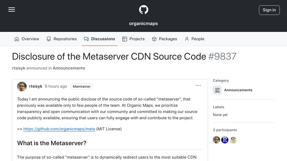 Screenshot of github.com: Maps.me co-founder tries to close down Organic Maps open-source fork
