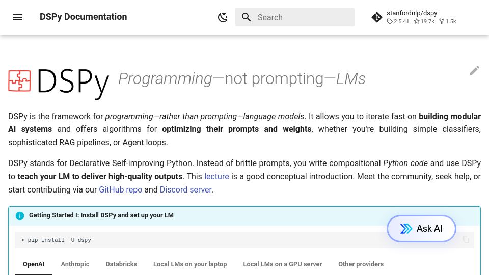 Screenshot of dspy.ai: DSPy – Programming–not prompting–LMs