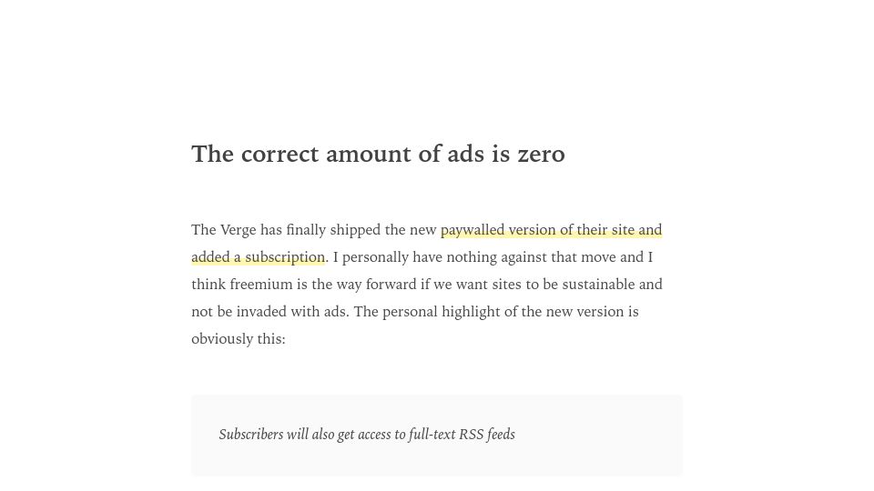 Screenshot of manuelmoreale.com: The correct amount of ads is zero