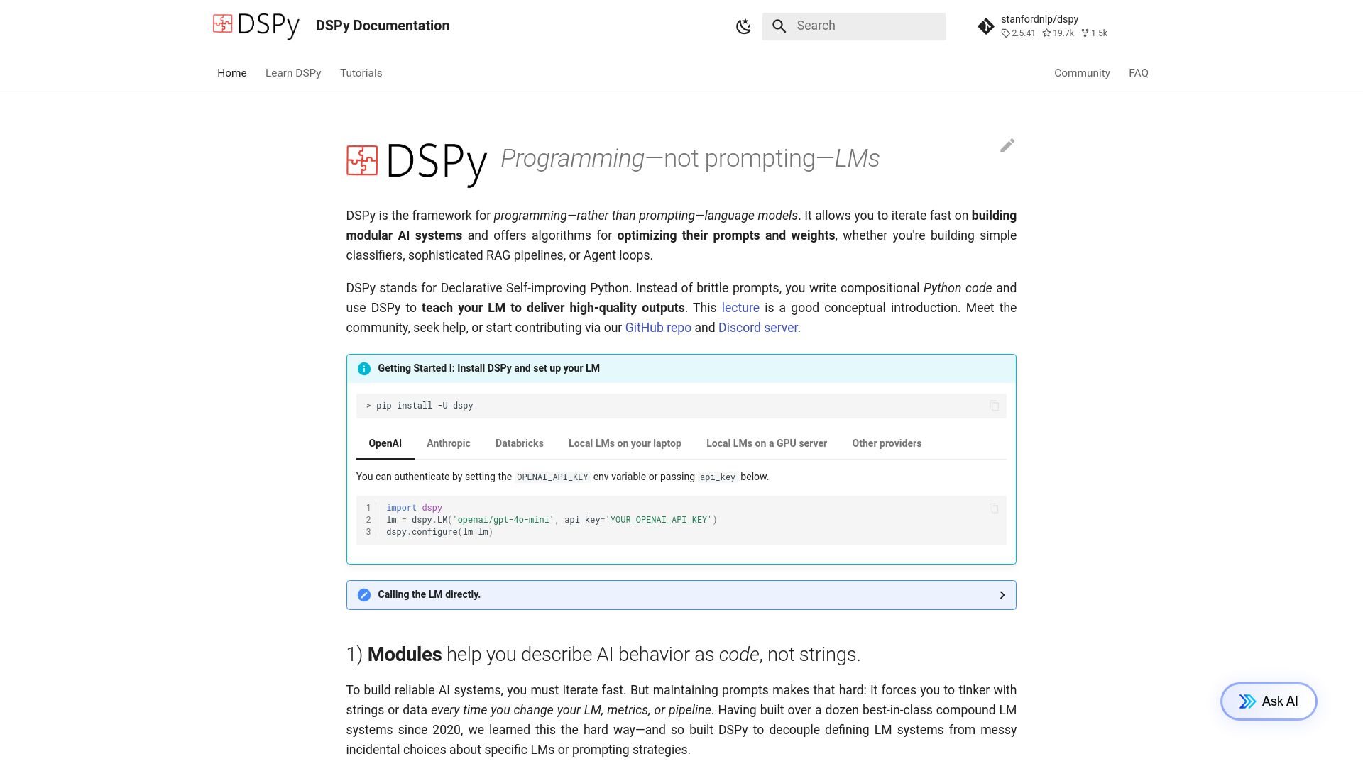 Screenshot of dspy.ai: DSPy – Programming–not prompting–LMs