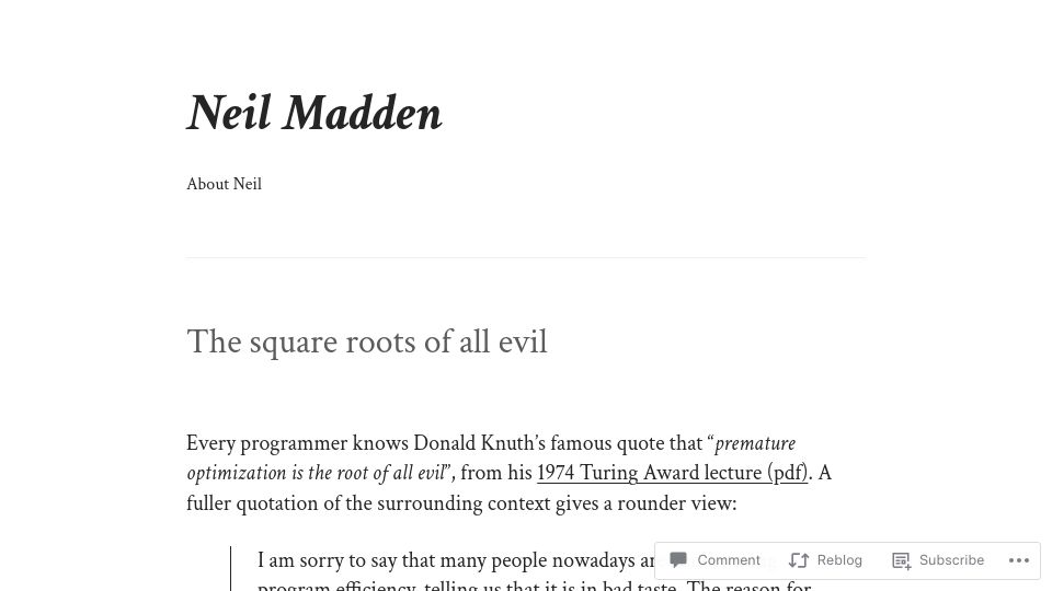 Screenshot of neilmadden.blog: The square roots of all evil