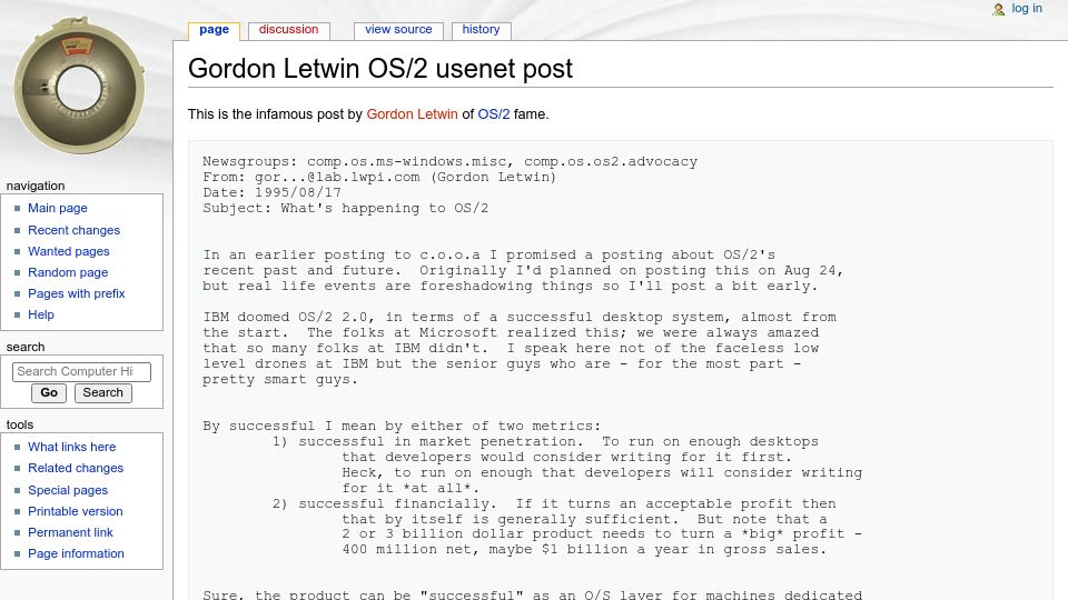 Screenshot of gunkies.org: Gordon Letwin OS/2 Usenet post (1995)