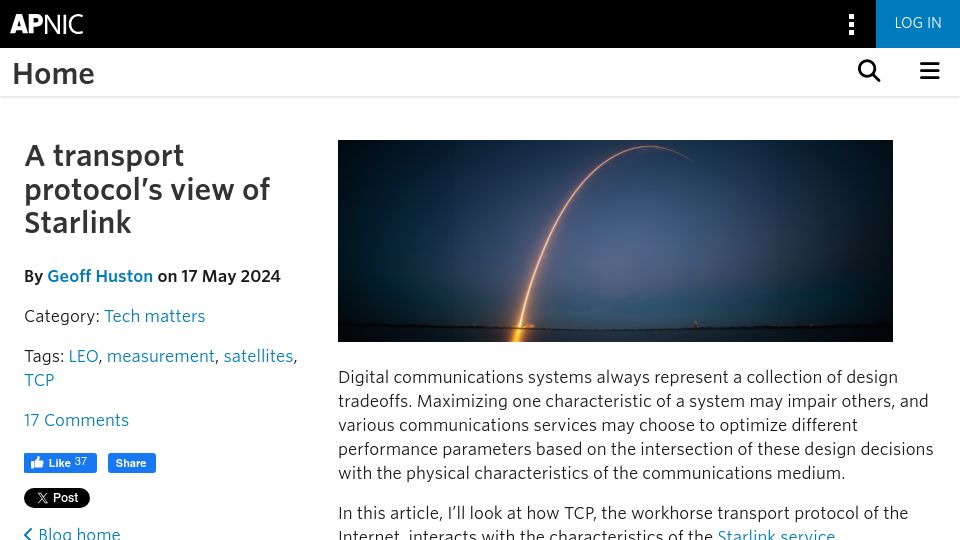 Screenshot of blog.apnic.net: A transport protocol's view of Starlink