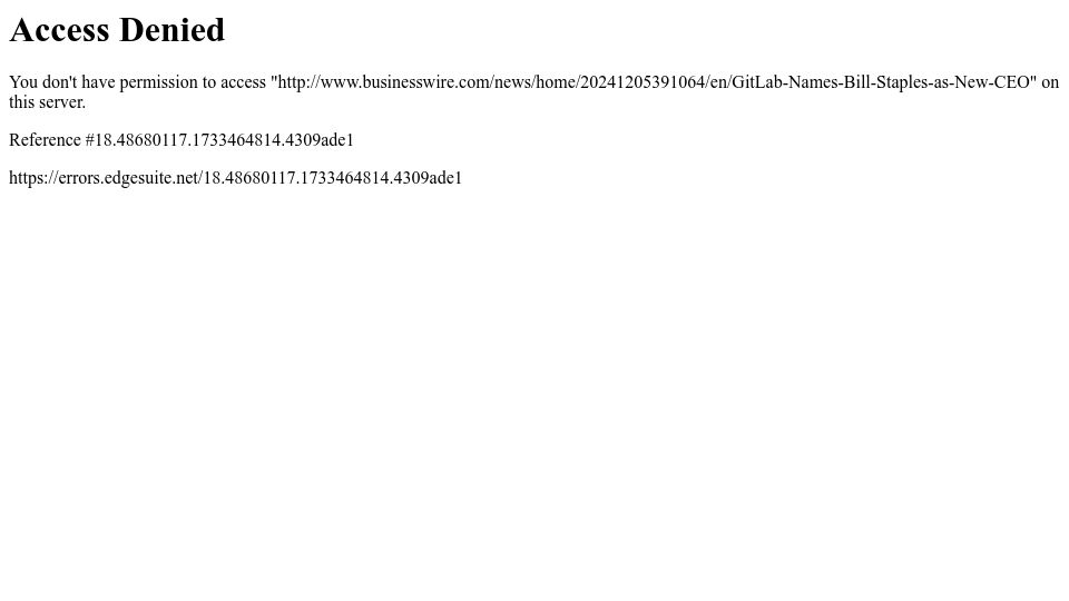 Screenshot of businesswire.com: Gitlab names Bill Staples as new CEO