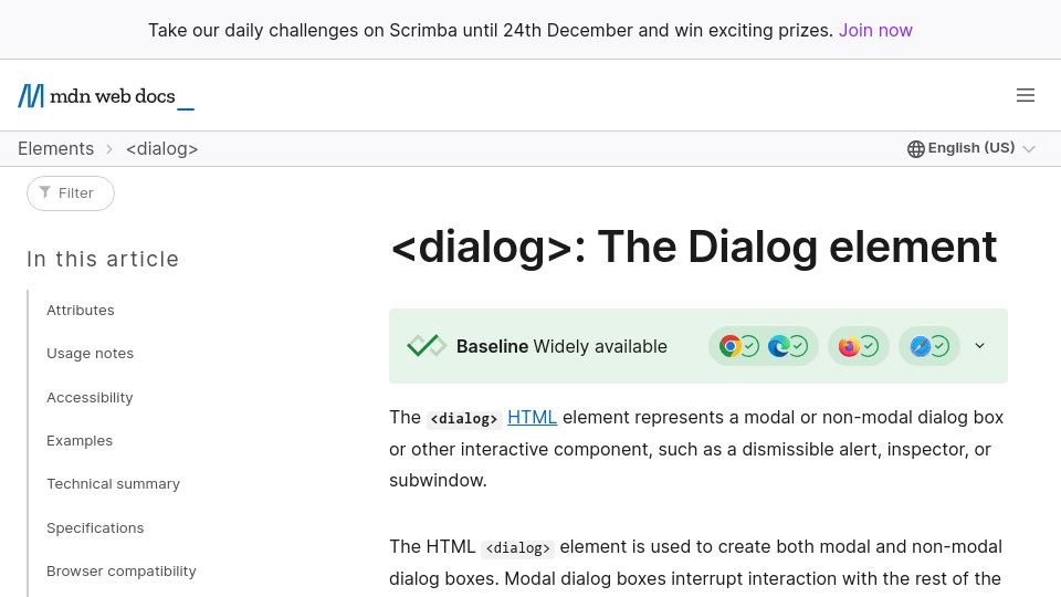 Screenshot of developer.mozilla.org: <dialog>: The Dialog Element