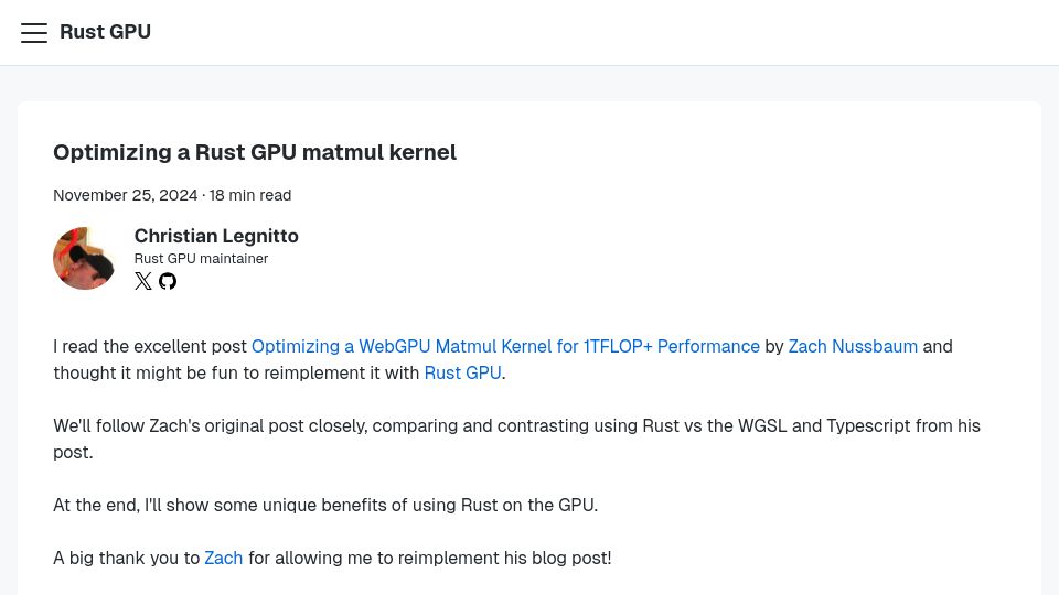 Screenshot of rust-gpu.github.io: Optimizing a Rust GPU matmul kernel