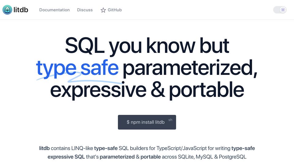 Screenshot of litdb.dev: Litdb – type safe SQL for JavaScript/TS
