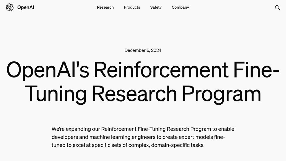 Screenshot of openai.com: OpenAI Reinforcement Fine-Tuning Research Program
