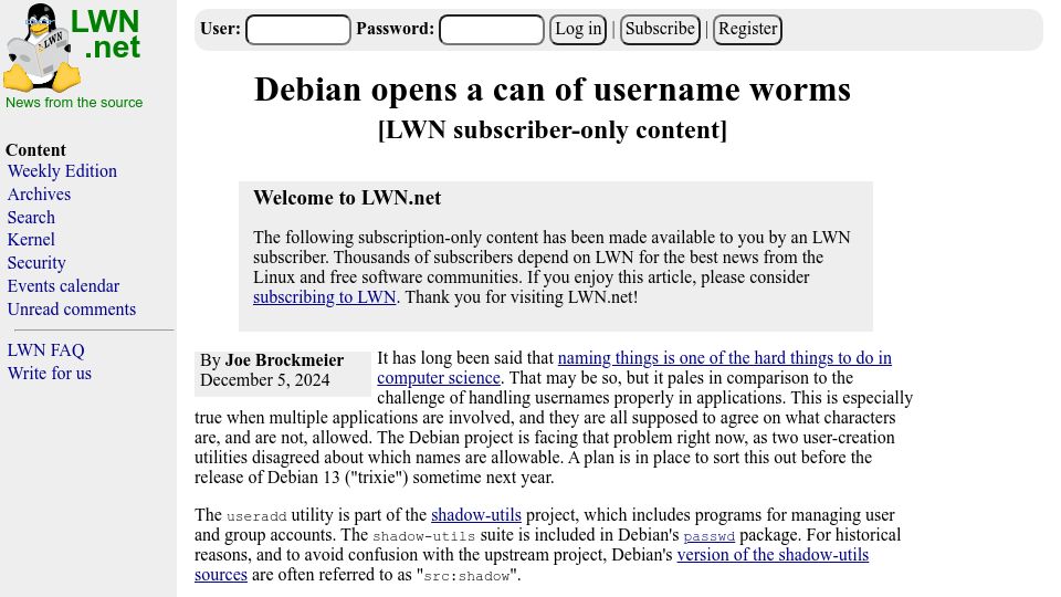 Screenshot of lwn.net: Debian opens a can of username worms