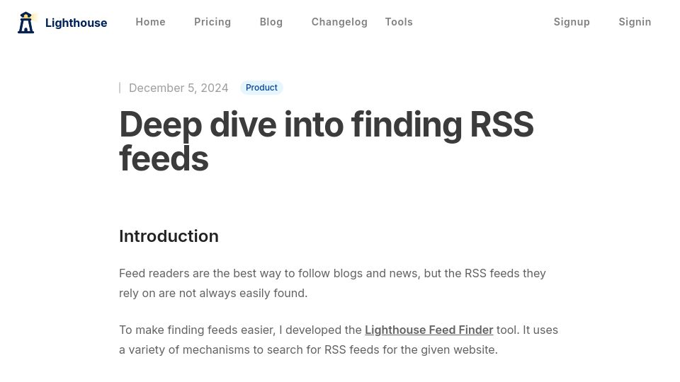Screenshot of lighthouseapp.io: Deep dive into finding RSS feeds
