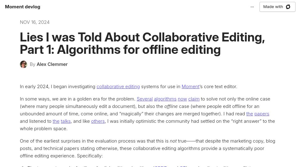Screenshot of moment.dev: Lies I was told about collab editing, Part 1: Algorithms for offline editing
