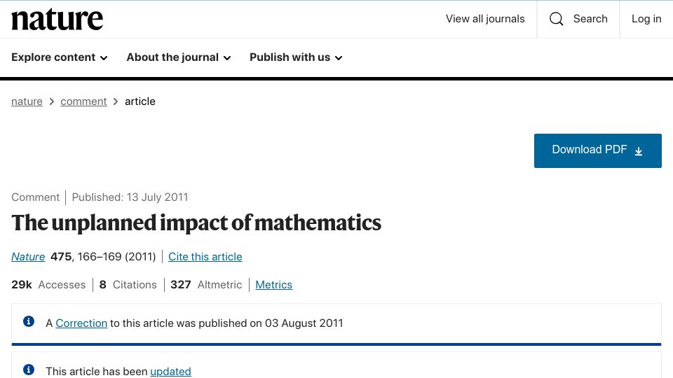 Screenshot of nature.com: The unplanned impact of mathematics (2011)
