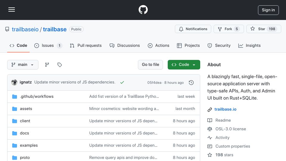 Screenshot of github.com: Trailbase: Fast, single-file, open-source app server built using Rust and SQLite