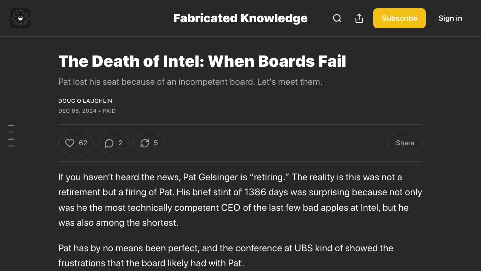 Screenshot of fabricatedknowledge.com: Intel’s board, and an example of when boards and short-termism fail