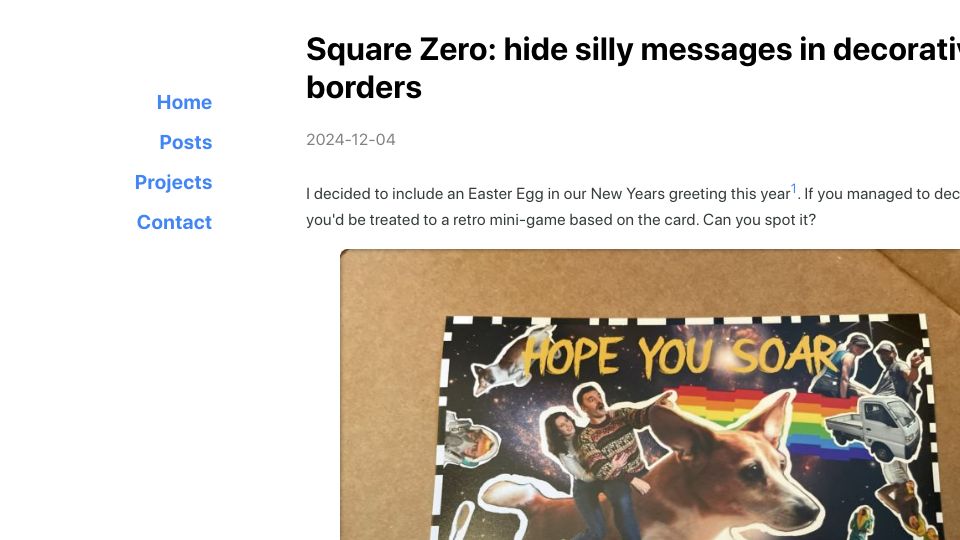 Screenshot of danwilkerson.com: Square Zero: hide silly messages in decorative borders