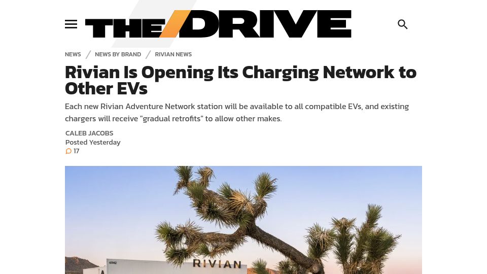 Screenshot of thedrive.com: Rivian is opening its charging network to other EVs