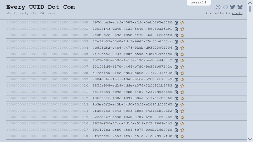 Screenshot of everyuuid.com: Every V4 UUID