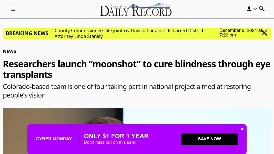 Screenshot of canoncitydailyrecord.com: Researchers launch "moonshot" to cure blindness through eye transplants