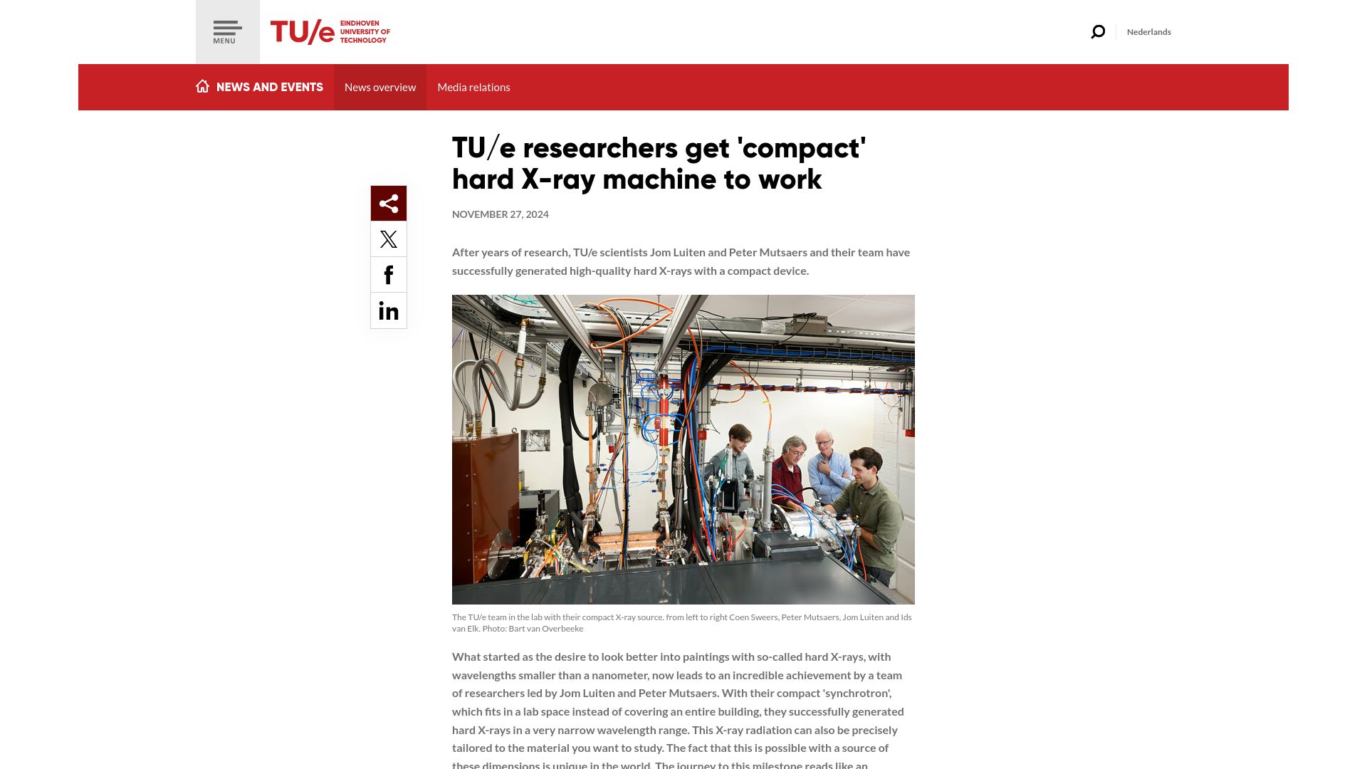 Screenshot of tue.nl: Researchers get 'compact' hard X-ray machine to work