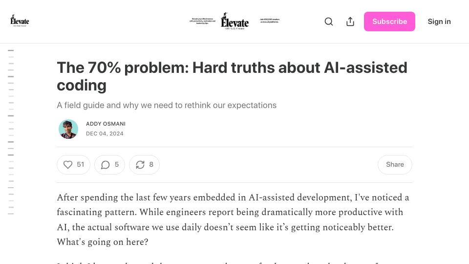Screenshot of addyo.substack.com: The 70% problem: Hard truths about AI-assisted coding