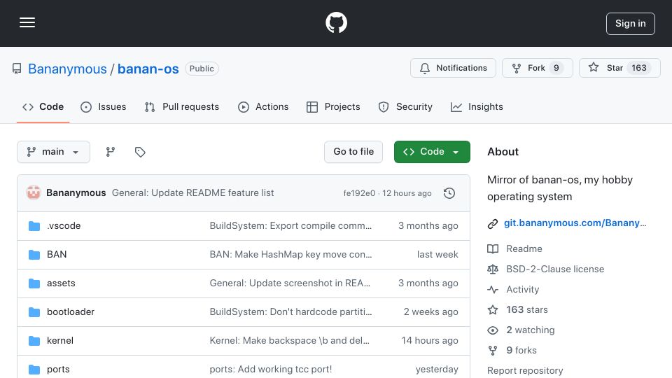 Screenshot of github.com: Show HN: Banan-OS, an Unix-like operating system written from scratch