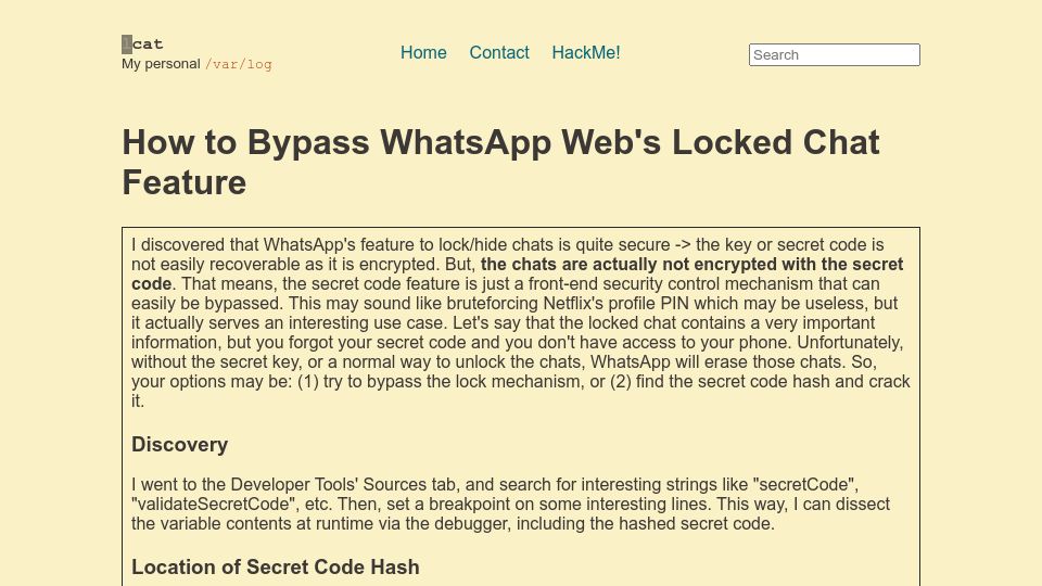 Screenshot of lcat.dev: How to Bypass WhatsApp Web's Locked Chat Feature