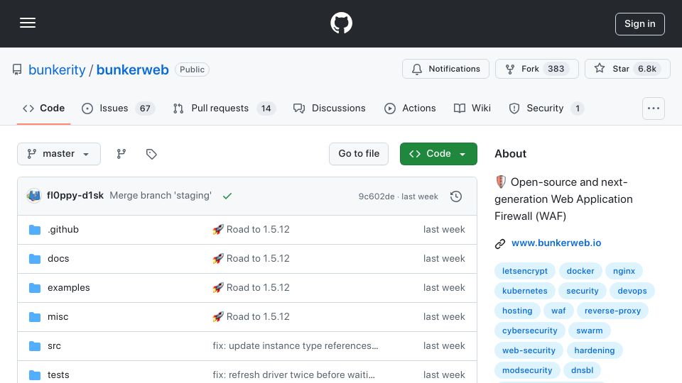 Screenshot of github.com: Show HN: BunkerWeb – The Open-Source Web Application Firewall (WAF)