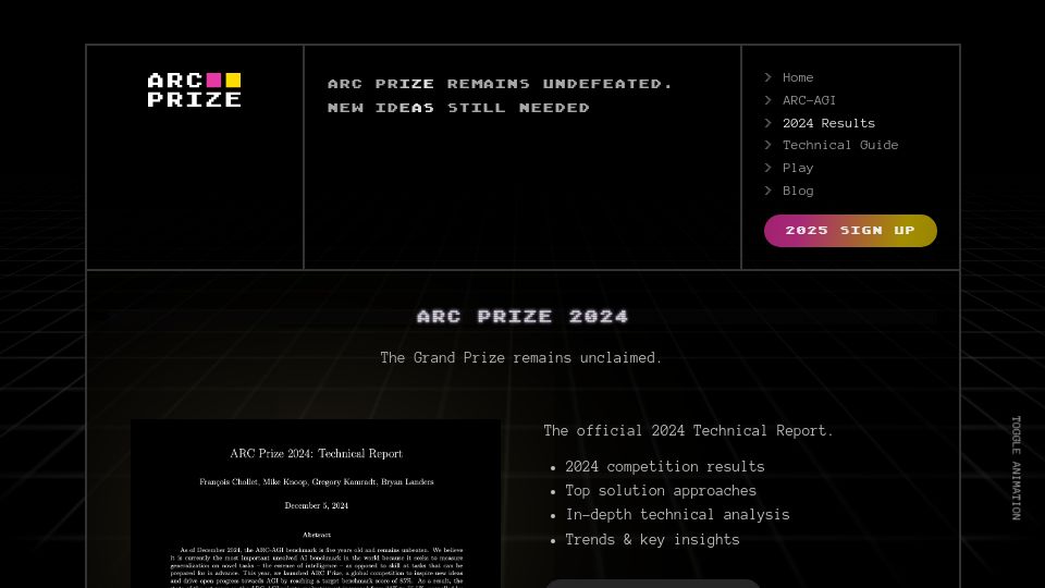 Screenshot of arcprize.org: Arc Prize 2024 Winners and Technical Report