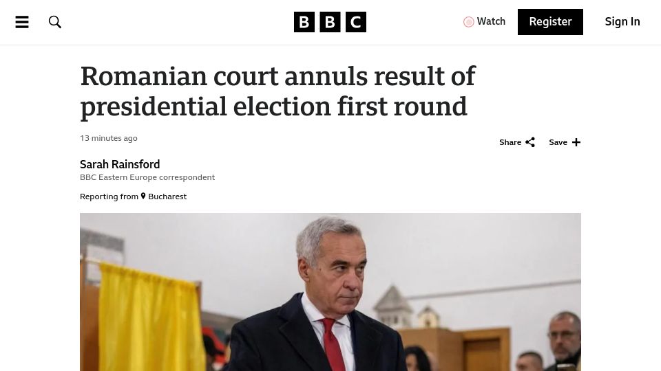 Screenshot of bbc.com: Romanian court annuls result of presidential election first round