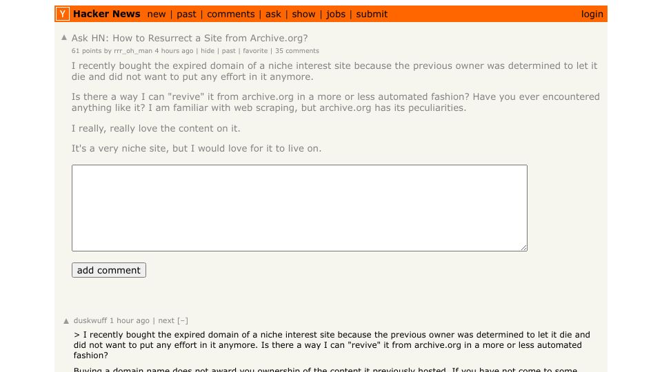 Screenshot of Hacker News post: Ask HN: How to Resurrect a Site from Archive.org?