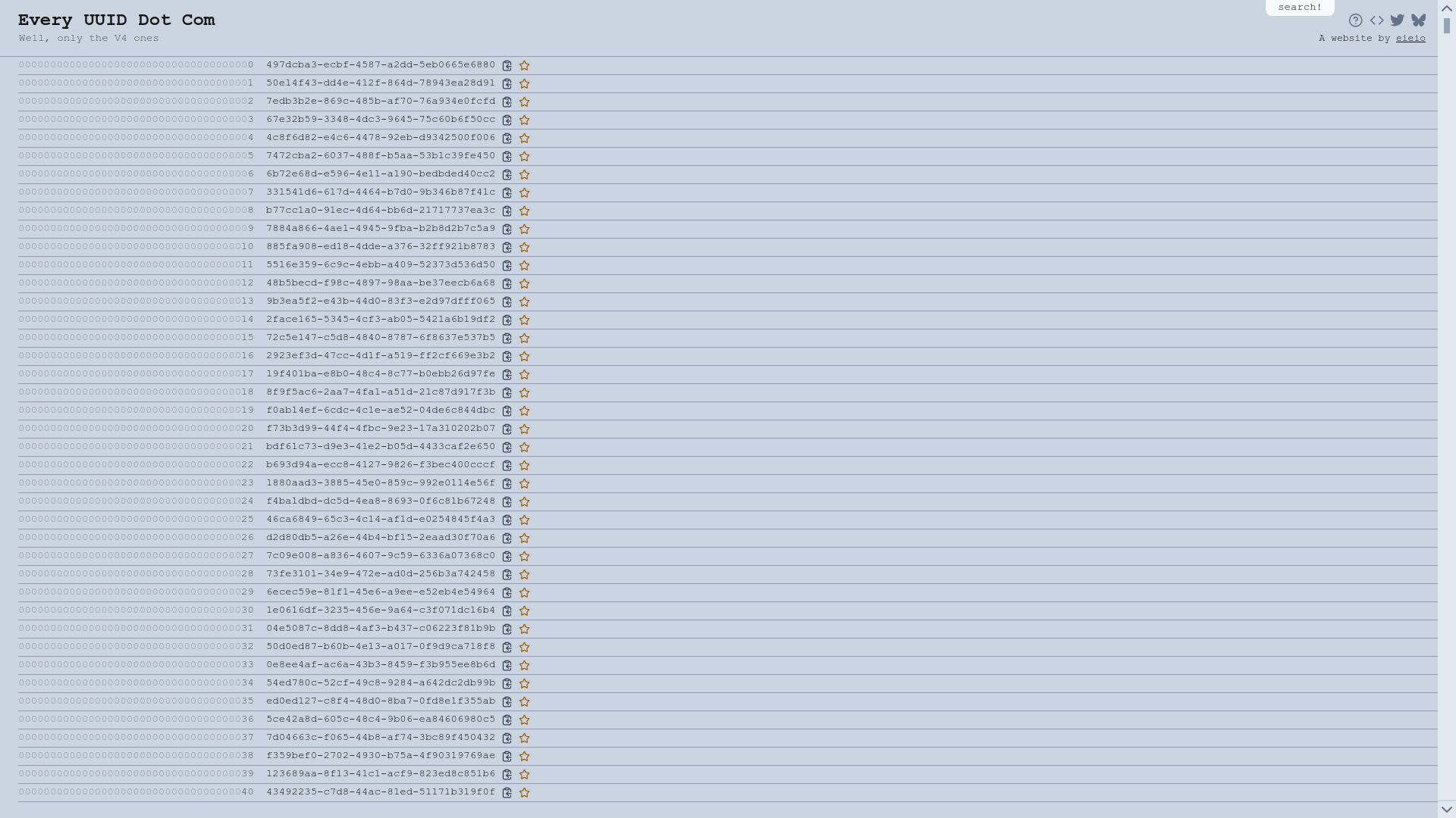Screenshot of everyuuid.com: Every V4 UUID