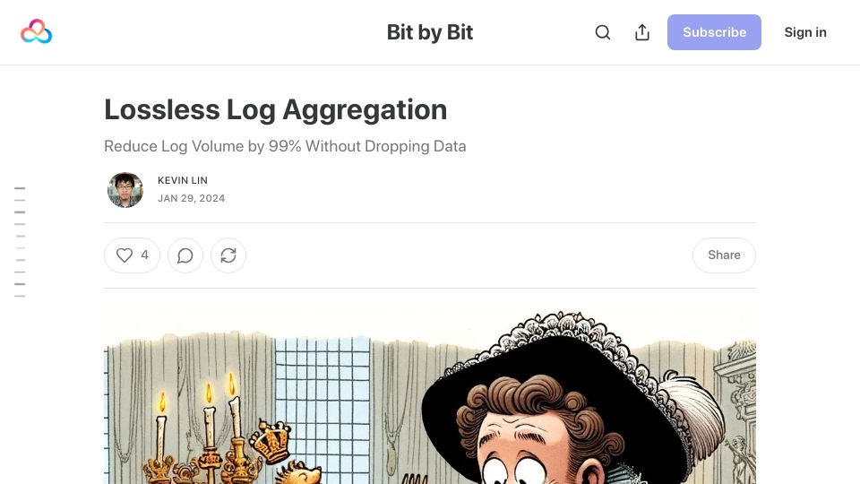 Screenshot of bit.kevinslin.com: Lossless Log Aggregation – Reduce Log Volume by 99% Without Dropping Data