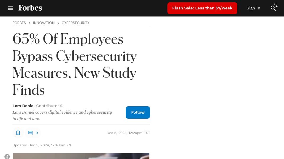Screenshot of forbes.com: 65% of Employees Bypass Cybersecurity Measures, New Study Finds
